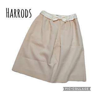 ⑲24【Harrods】ハロッズ　スカート　膝丈　リボン　白系　オフィス