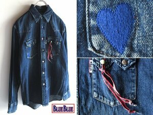 美品 BLUE BLUE ブルーブルー ターコイズ/コンチョ釦 ハート刺繍 リボン付 ビンテージ加工 デニムウエスタンシャツ 1/S インディゴ 藍 HRM