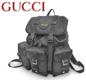 【未使用品 超美品】 グッチ GUCCI リュック バックパック バック 鞄 グッチオフザグリット GG柄 ナイロン レザー ブラック 黒 シリアル有