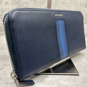 【極美品】PRADA プラダ 長財布 ラウンドファスナー ジッピー サフィアーノ レザー ストライプ メンズ ビジネス ネイビー メタルロゴ