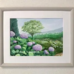 透明水彩画　原画　「紫陽花の咲く公園」額縁付　F4サイズ　風景画