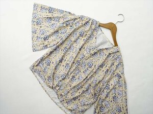 美品 chocol raffine robe ドロップショルダー&フリルスリーブ 九分袖 VネックPOブラウス F ベージュ地 総柄 【メール便可】