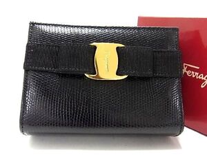 ■新品同様■ SalvatoreFerragamo フェラガモ ヴァラリボン リザード型押しレザー ポーチ 小物入れ マルチケース ブラック系 BE1656