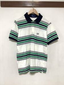 ろ1369 FRED PERRY フレッドペリー ボーダー 半袖ポロシャツ S ホワイト/グリーン/ネイビー 