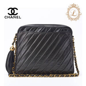 CHANEL シャネル バイアスステッチ ココマーク フリンジ付き チェーンショルダー ラムスキン 黒（ゴールド金具）ショルダーバッグ レディー