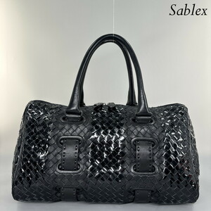 1円【新品同様】BOTTEGA VENETA ボッテガヴェネタ イントレチャート パテントレザー ボストンバッグ 183263 ハンドバッグ ブラック 黒 