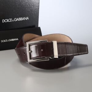 MH0795◎イタリア製 DOLCE&GABBANA ドルチェ＆ガッバーナ イールスキン レザーベルト 革ベルト ブラウン 茶 メンズ 85CM 34INCH 幅:約3.3CM