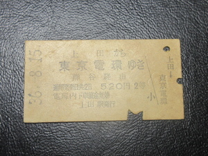 ★国鉄乗車券・硬券『昭和36年8月15日・上田から東京電環ゆき「梅押し印」乗車券』キップ切符・昭和レトロ・レアコレクション★ＪＮＲ1031