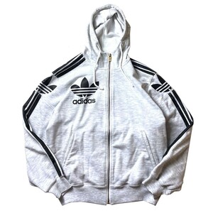 人気モデル! 90s 日本製 adidas アディダス デサント ヴィンテージ トレフォイルロゴ ジップ スウェット パーカーグレー ブラック M メンズ