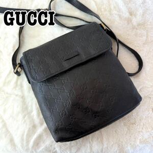 美品 GUCCI グッチ ショルダーバッグ グッチシマ GG柄 223666 シマレザー クロスボディ オールレザー ブラック メンズ 斜め掛け 人気