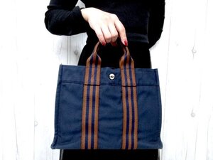 極美品 HERMES エルメス フールトゥPM トートバッグ ハンドバッグ バッグ キャンバス 紺×茶 77906Y