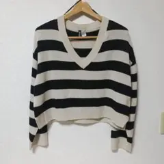 H&M　Vネック　ボーダーニット　ショート丈ニット