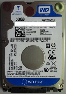 【中古】WD Blue　ノートパソコン用内臓HDD　500GB　WD5000LPCX　動作確認済み　2024080015