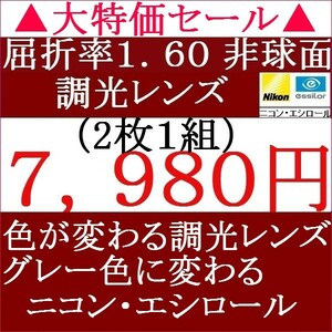 ▲大特価セール▲メガネレンズ交換 ニコン・エシロール 1.60 ＡＳ 調光レンズ グレー色に変わる 単焦点レンズ 1 NS16