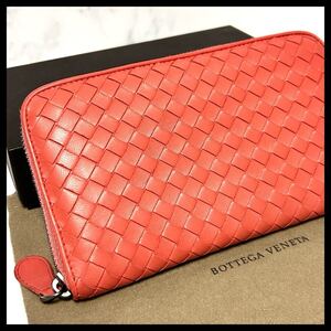 ★【極美品！鑑定済み！】BOTTEGA VENETA ボッテガヴェネタ イントレチャート 長財布 ラウンドファスナー　オレンジ系　定価7.8万 489