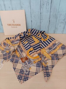 錬R+★621 未使用品 スカーフ TRUSSARDI トラサルディ 大判 絹 シルク100% 総柄 88cm ロゴ ストライプ タータンチェック