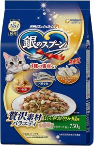 銀のスプーン キャットフード 贅沢素材バラエティ まぐろ・かつお・ささみ・野菜味に天然小魚・かつお節・ほたて味フレーク添え 750