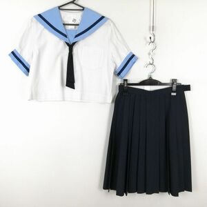 1円 セーラー服 スカート ネクタイ 上下3点セット 大きいサイズ 夏物 青1本線 女子 学生服 中学 高校 白 制服 中古 ランクC NA9677