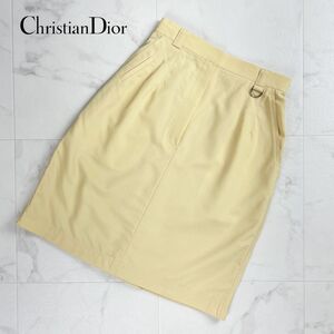 美品 Christian Dior クリスチャンディオール 膝丈セミフレアスカート ベルトループ レディース ボトムス 黄色 イエロー サイズS*RC39