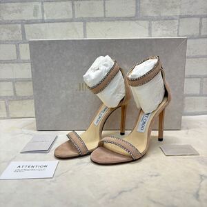 未使用 Jimmy Choo スエード 本革レザー サンダル サイズ34 ベージュ ラインストーン キラキラ 箱付き