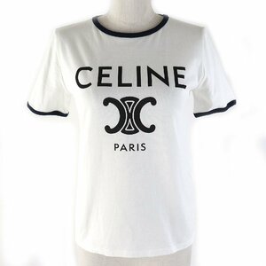 極美品△CELINE セリーヌ 2X872671Q コットン CELINE PARIS トリオンフロゴプリント クルーネック 半袖Ｔシャツ 白 ネイビー XS 正規品