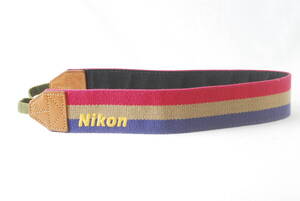 ☆レア☆Nikon ニコン ワイド ストライプ カメラ ストラップ 赤色×紺色×若草色×黄色 刺繍文字 ボーダー トリコロール camera strap☆