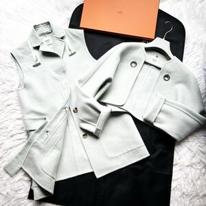 極美品　HERMES エルメス　ダブルフェイス　アンビエ　カシミヤ　コート　ジレ　ジャケット　ショート　ブルゾン　ベルト　ブルー　