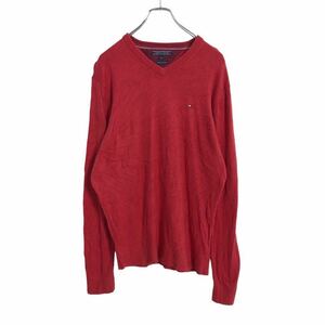 TOMMY HILFIGER コットン ニット セーター M レッド トミーヒルフィガー ロゴ Vネック 古着卸 アメリカ仕入 a503-5204