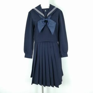 1円 セーラー服 スカート スカーフ 上下3点セット 冬物 白3本線 女子 学生服 中学 高校 紺 制服 中古 ランクC NA8611