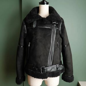 【極美品】ZARA ザラ ムートン ダブルライダースジャケット 日本サイズM相当 [skuuu婦人] ボア ブラック 黒