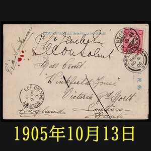 【最古データの翌日】　菊4銭　外信葉書　欧文櫛型印　YOKOHAMA　1905年10月13日