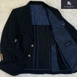 【美品】リネン混 バーバリーロンドン テーラードジャケット Burberry 2B シングル アンコン シャドー ブラック M 水和牛 サマーウール