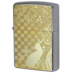 Zippo ジッポライター ネコ 猫 Cat 小鳥 ゴールドプレート ＃200 メタルプレート 両面加工 ニッケルメッキ 2MP-ネコと小鳥 メール便可