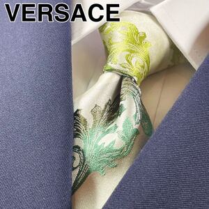 VERSACE(ヴェルサーチ) ネクタイ 光沢有 ストライプ柄 バロック柄 イタリア製 シルク メンズ 華やか 大剣幅 8.5cm アイボリー マルチカラー