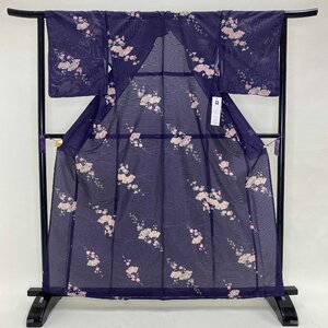 新品 小紋 絽 夏用 夏物 紫 花柄 お洒落着 普段着 ポリエステル 裄66cm 身丈160cm 洗える着物 M サイズ 1370