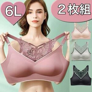 6L 5XL 2枚セット ノンワイヤー ブラジャー スポーツブラ 蝶 バタフライ ランジェリー ナイトブラ パープル 紫 シームレス B105 C105 D105