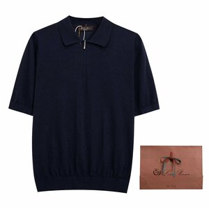 Loro Piana　ロロピアーナ メンズ 半袖 ニットポロシャツ Tシャツ 春夏 ネイビー XLサイズ 紳士服 ニットカットソー トップス ウール