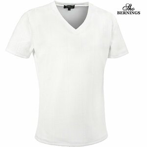 326752-01 Bernings sho Tシャツ 半袖 Vネック 織柄ストライプ mens メンズ(ホワイト白) L カジュアル きれいめ シンプル 無地