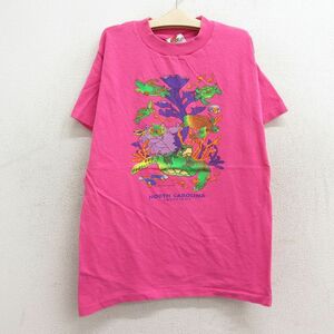 古着 半袖 ビンテージ Tシャツ キッズ ボーイズ 子供服 90s カメ 魚 ノースカロライナ コットン クルーネック 濃ピンク 23sep06 2OF