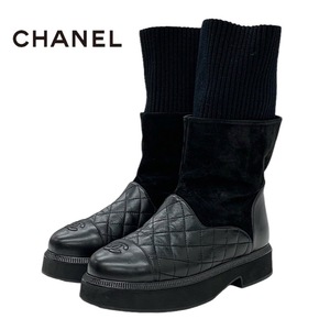 シャネル CHANEL ブーツ ショートブーツ 靴 シューズ レザー スエード ファブリック ブラック ソックスブーツ ココマーク マトラッセ