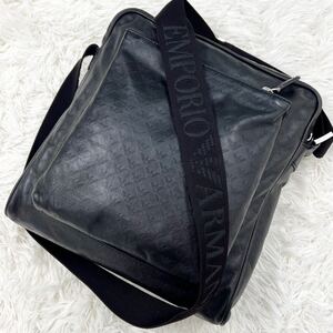 1円〜【美品】エンポリオアルマーニ EMPORIO ARMANI 本革 ショルダーバッグ イーグルロゴ 型押し サコッシュ ボディ メンズ レザー 黒 斜め