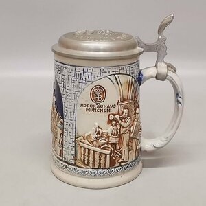 ヴィンテージ ドイツ製 REIN ZINN 錫製蓋付 ビールジョッキ ビアマグ 陶器製 Hofbrauhaus Munchen Z5840