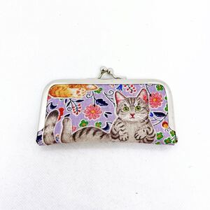 猫＊花柄/ 大きめ がま口 印鑑ケース＊ コインケース/ ハンドメイド＊薄パープル