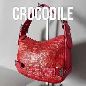 ★１円スタート★ クロコダイル crocodile ワニ革 鰐革 セミショルダーバッグ ハンドバッグ レッド 赤 エキゾチックレザー H27.