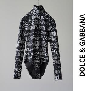 美品 Dolce&Gabbana ドルチェ&ガッバーナ ボディスーツ ロゴグラフィック 長袖 水着素材 薄手 ハイネック トップス モノトーン 36