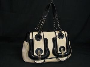 1円 FENDI フェンディ キャンバス×パテントレザー ハンドバッグ トートバッグ レディース ベージュ系×ブラック系 BM4823