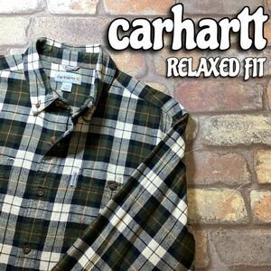 ★USA古着★状態良好★正規品★【carhartt カーハート】RELAXED FIT 102217 チェック柄 BDフランネルシャツ【L】カーキ 黒 オレンジ K4-016