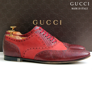 良品・保存袋付★GUCCI グッチ★ドレスシューズ 39.5≒24.5cm 189972 リザード ウィングチップ イタリア製 メンズ 赤 ac fc r-620