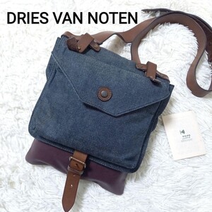 【1円】 DRIES VAN NOTEN ドリスヴァンノッテン コットンキャンバス レザー 革 コンビ ショルダーバッグ メッセンジャーバッグ 【美品】