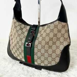 美品 GUCCI グッチ GGキャンバス ジャッキー シェリーライン ハンドバッグ ショルダーバッグ ワンショルダー バッグ キャンバス×レザー 茶